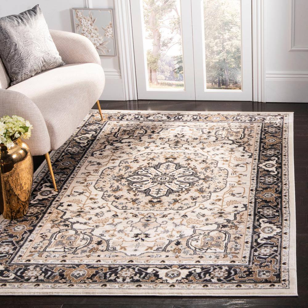 Safavid Style Cream and Navy Synthetic Square Area Rug