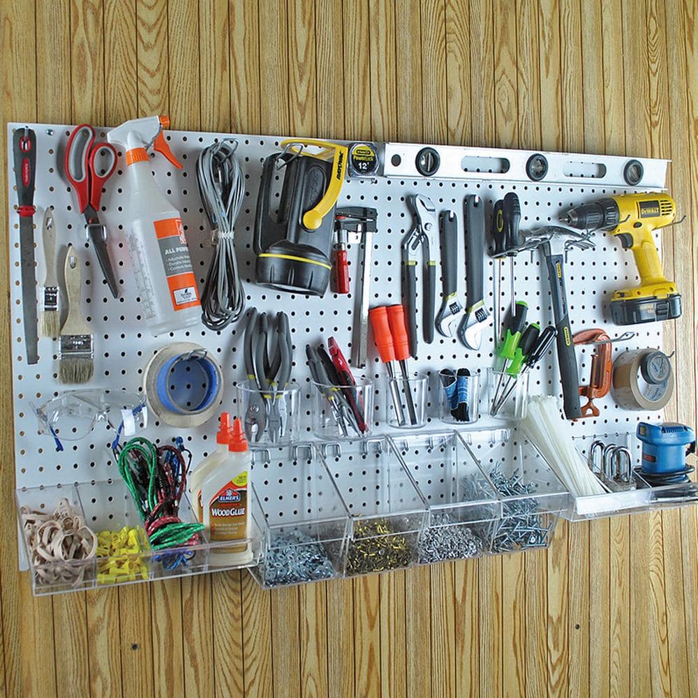 White High Impact Styrene Pegboard Organizer Kit with Hooks and Bins