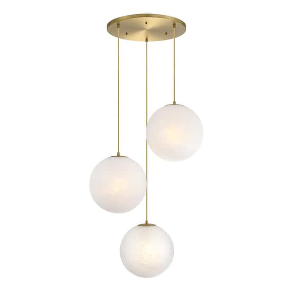Pixie 3-Light Brushed Gold Modern Globe Chandelier for Entryways with 14 in. Etched Cloud Glass Shades