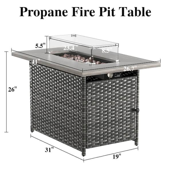 Arcline 41 In. 50000 BTU Rectangle Gray Wicker Outdoor Gas Fire Pit Table with Volcanic Stone