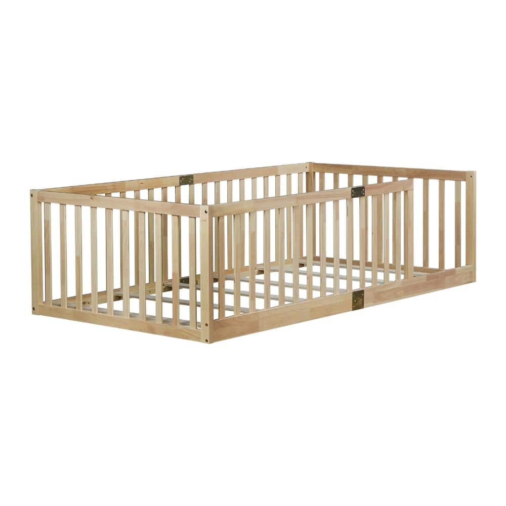 Natural Rubber Wood Twin Size Floor Bed Frame with High Fence Railings and Safety Guardrails