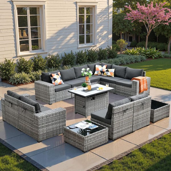 HOOOWOOO Tahoe Grey 13-Piece Wicker Wide Arm Outdoor Patio Conversation Sofa Set with a Fire Pit and Black Cushions