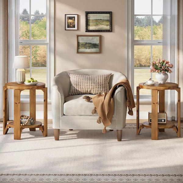 19.68 in. Brown Solid Wood Round End Table, 2-Tier Farmhouse Side Table with Storage for Living Room, Bedroom Set of 2