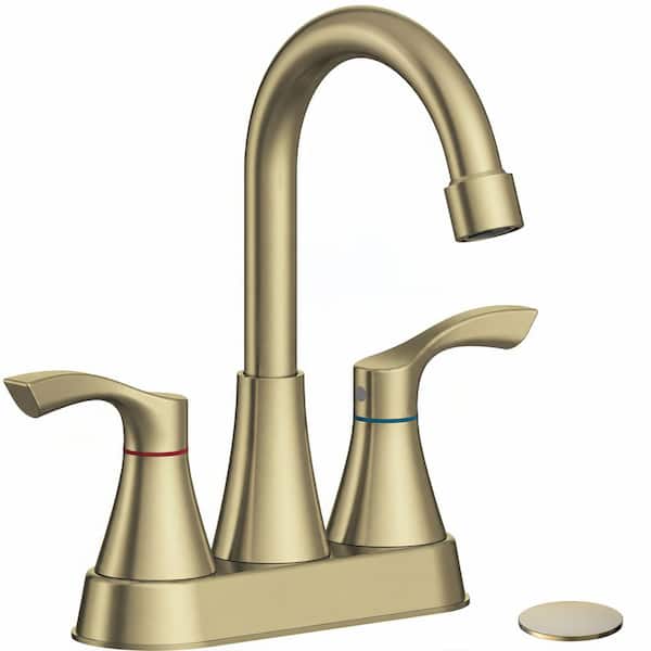 4 in. Centerset 2-Handle High-Arc Bathroom Sink Faucet with Pop-Up Drain and 360° Swivel Spout in Brushed Gold