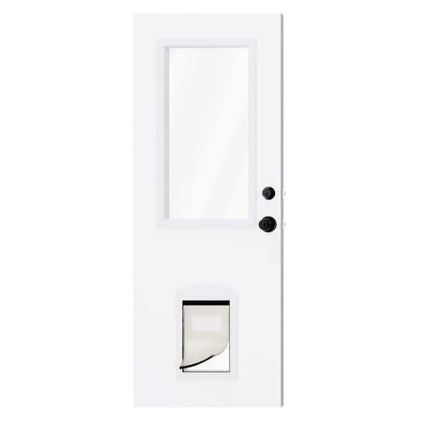 36 in. x 80 in. No Handing Half Lite Clear Glass Wood Front Door Slab with Built-In Pet Door, Ball Knob and Deadbolt