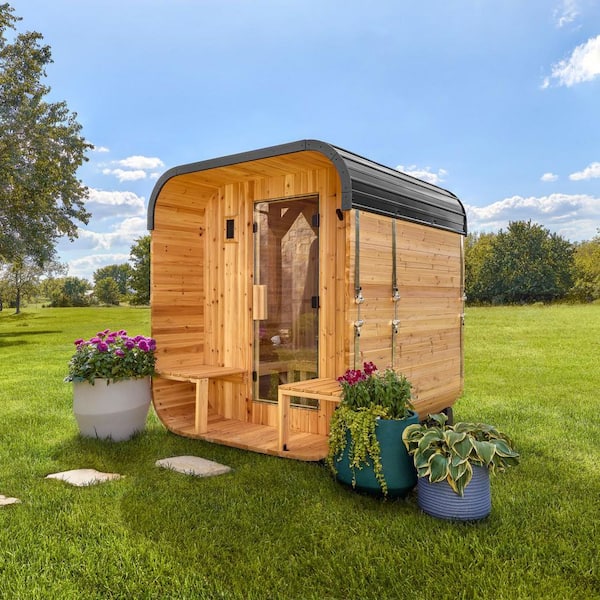 Lennon 4-Person Outdoor Cedar Traditional Wet/Dry Cube Sauna with Porch, 9kW Electric Heater, Wi-Fi Panel, LED Lights