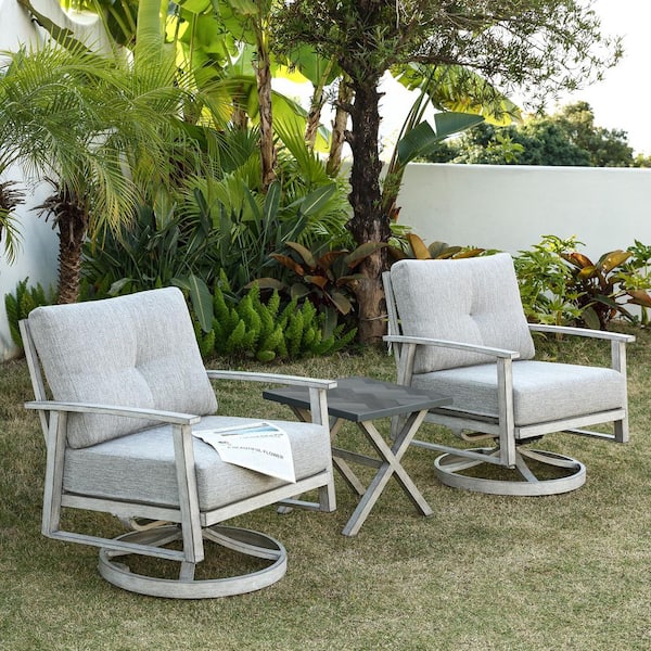 Grey Vintage 3-Piece Aluminum Outdoor Patio Conversation Swivel Sofa Set with Resin Top Sidetable and Grey Cushions