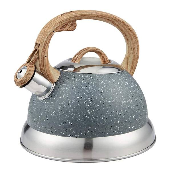 Creative Home 9 Cups Opaque Gray with Speckle Stainless Steel Whistling Tea Kettle Teapot with Ergonomic Wood Rubber Touching Handle
