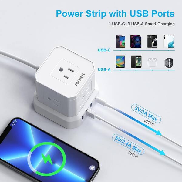 BESHON Power Strip Surge Protector, 5Ft Extension Cord, 6 Outlets with 3  USB Ports(1 USB C Outlet), 3-Side Outlet Extender, Wall Mount, Compact for