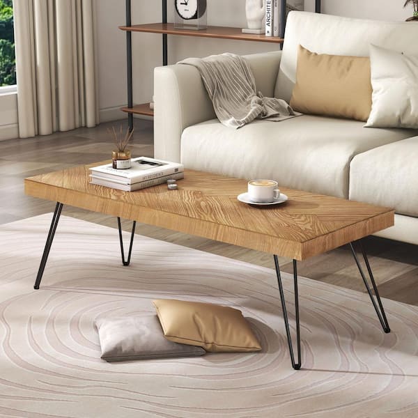 43.3 in. Natural Rectangle Wood Coffee Table with Chevron Pattern and Metal Hairpin Legs