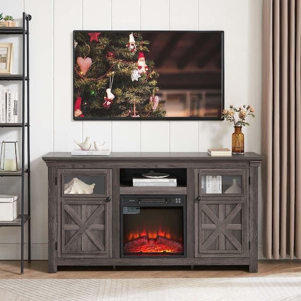 60 in. Farmhouse Electric Fireplace TV Stand with Barn Doors and Adjustable Storage Shelves in Gray