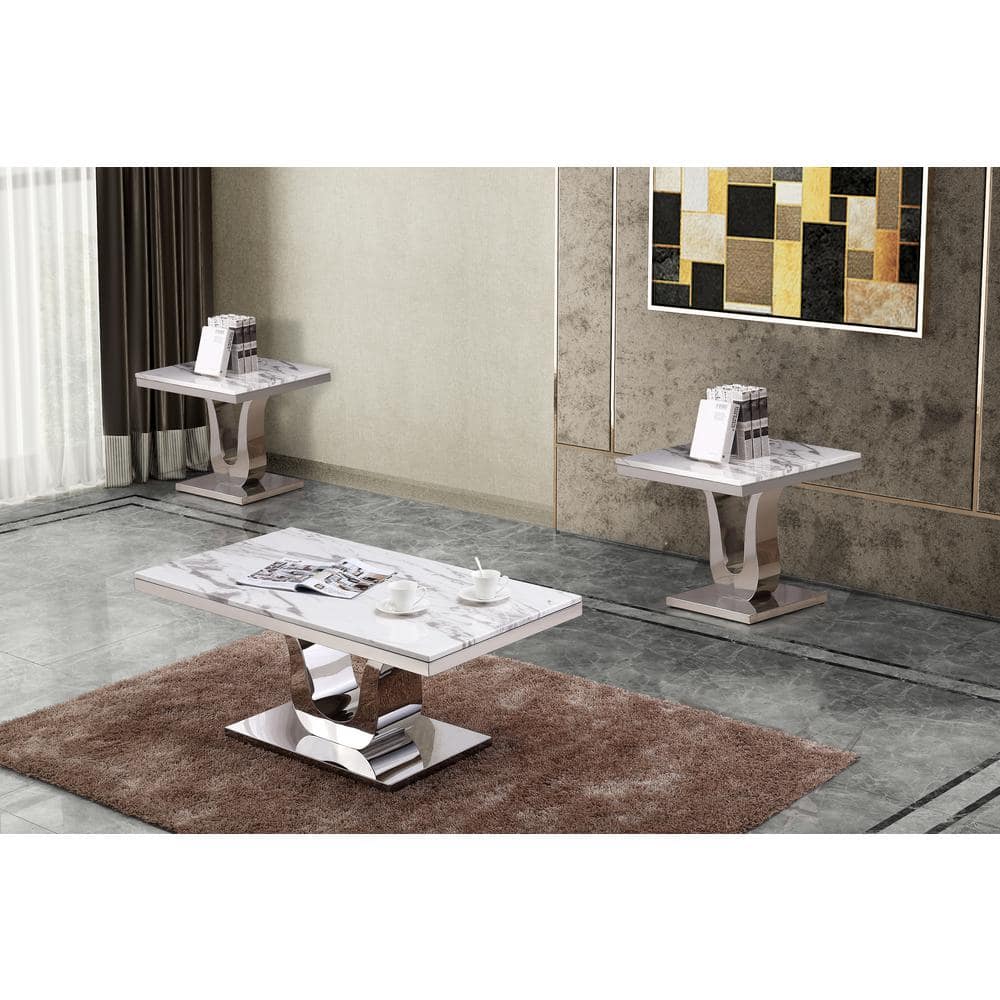 White Marble and Silver Stainless Steel 3pc Coffee Table Set
