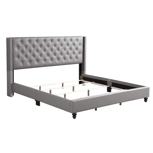 AndMakers Julie Light Grey Tufted Upholstered Low Profile King Panel Bed