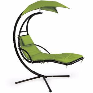 Black Metal Outdoor Patio Chaise Lounge Floating Swing Chair with Polyester Green Cushions and Sun Canopy