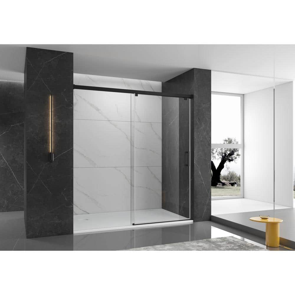 48 in. W x 76 in. H Single Sliding Frameless Shower Door in Matte Black Fin