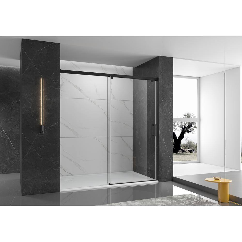 60 in. W x 76 in. H Single Sliding Frameless Shower Door in Matte Black Fin
