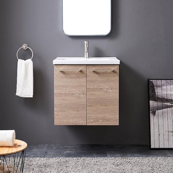 VC CUCINE 24 in. W x 18 in. D x 22 in. H Modern Floating Bathroom Vanity in Gray with White Ceramic Top with White Single Sink