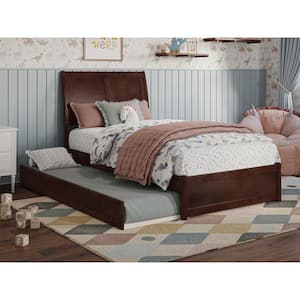 Andorra Walnut Brown Solid Wood Frame Twin Platform Bed with Panel Footboard and Twin Trundle