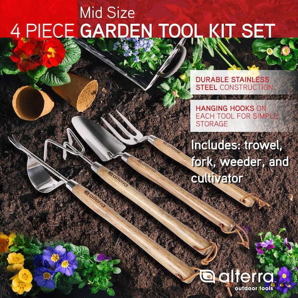 Alterra Tools Hand Mid-Sized Set Stainless Steel Gardening and Lawn Tools Kit 4 Pieces, Natural