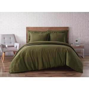 3-Piece Moss Green Linen King Duvet Cover Set