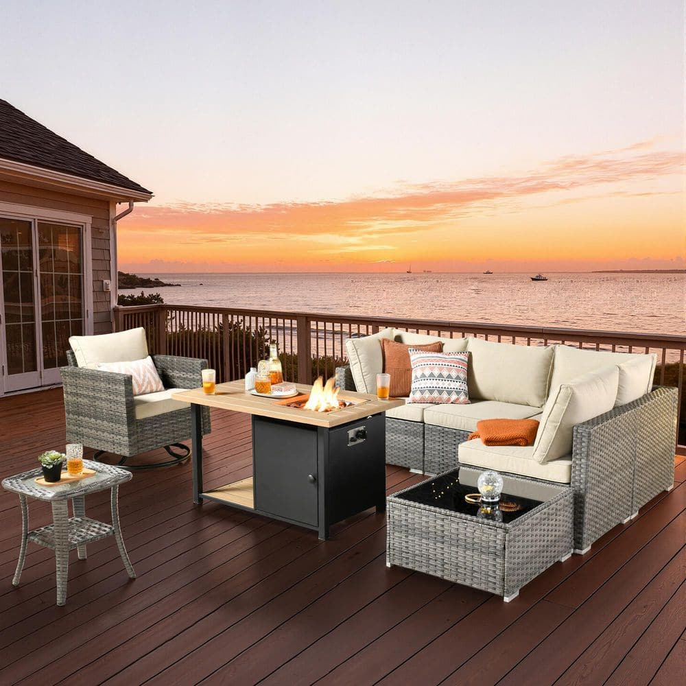 Sanibel Gray 8-Piece Wicker Patio Conversation Sofa Set with a Swivel Chair, a Storage Fire Pit and Beige Cushions