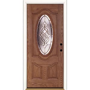 37.5 in. x 81.625 in. Lakewood Brass 3/4 Oval Lite Stained Medium Oak Left-Hand Inswing Fiberglass Prehung Front Door