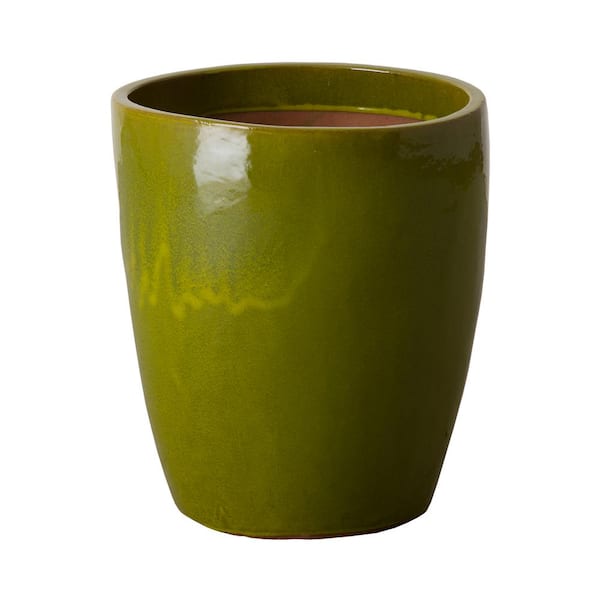Emissary Bullet 14 in. D x 15.5 in. H Green Ceramic Round Planter with Drainage Hole