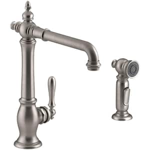 Artifacts Single-Handle Standard Kitchen Faucet with Victorian Spout Design and Side Sprayer in Vibrant Stainless