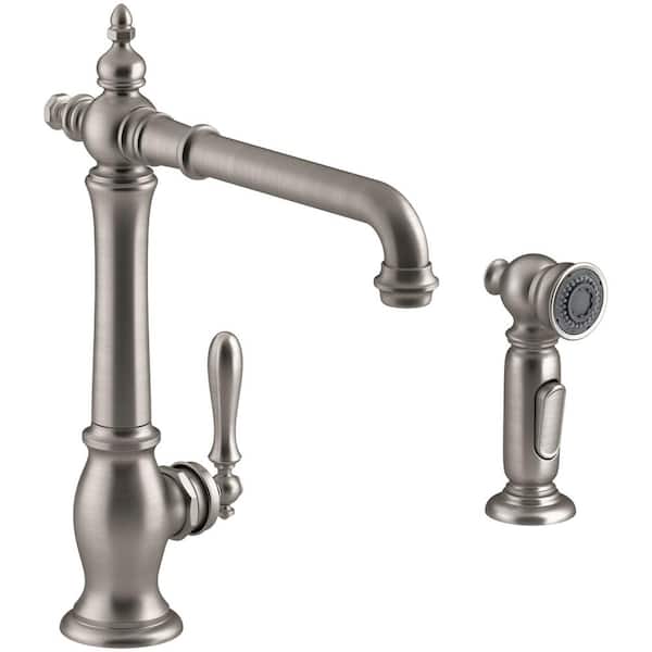 KOHLER Artifacts Single-Handle Standard Kitchen Faucet with Victorian Spout Design and Side Sprayer in Vibrant Stainless