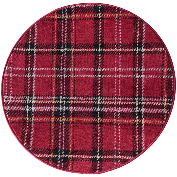 Grafix Red 3 ft. Round Plaid Contemporary Area Rug