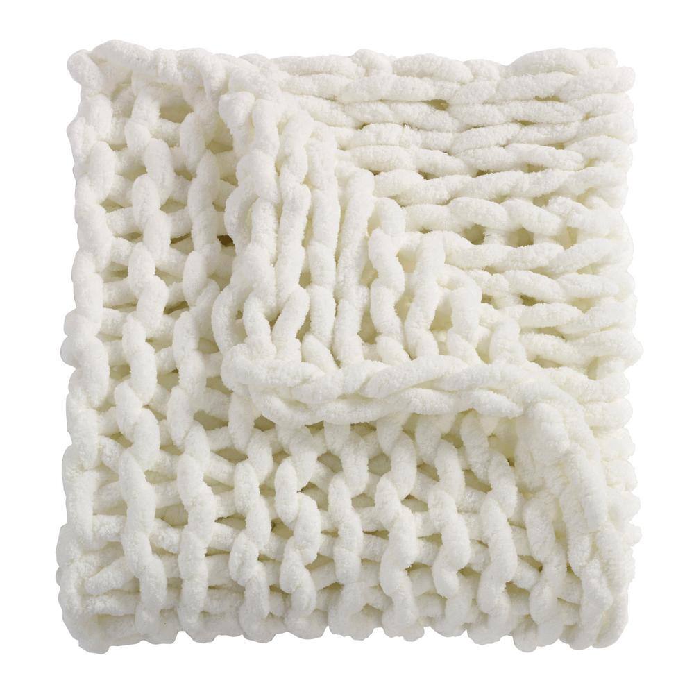 Ivory Knitted Reversible Chenille Throw Blanket