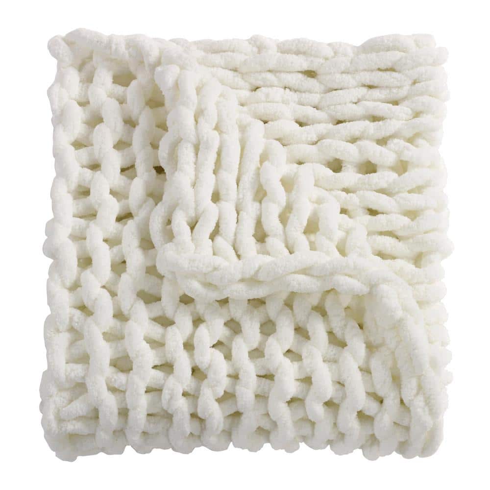 Ivory Knitted Reversible Chenille Throw Blanket