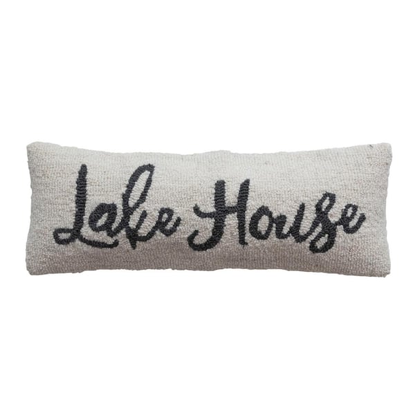 Storied Home Cream and Navy "Lake House" Print Wool and Cotton 24 in. x 8 in. Throw Pillow