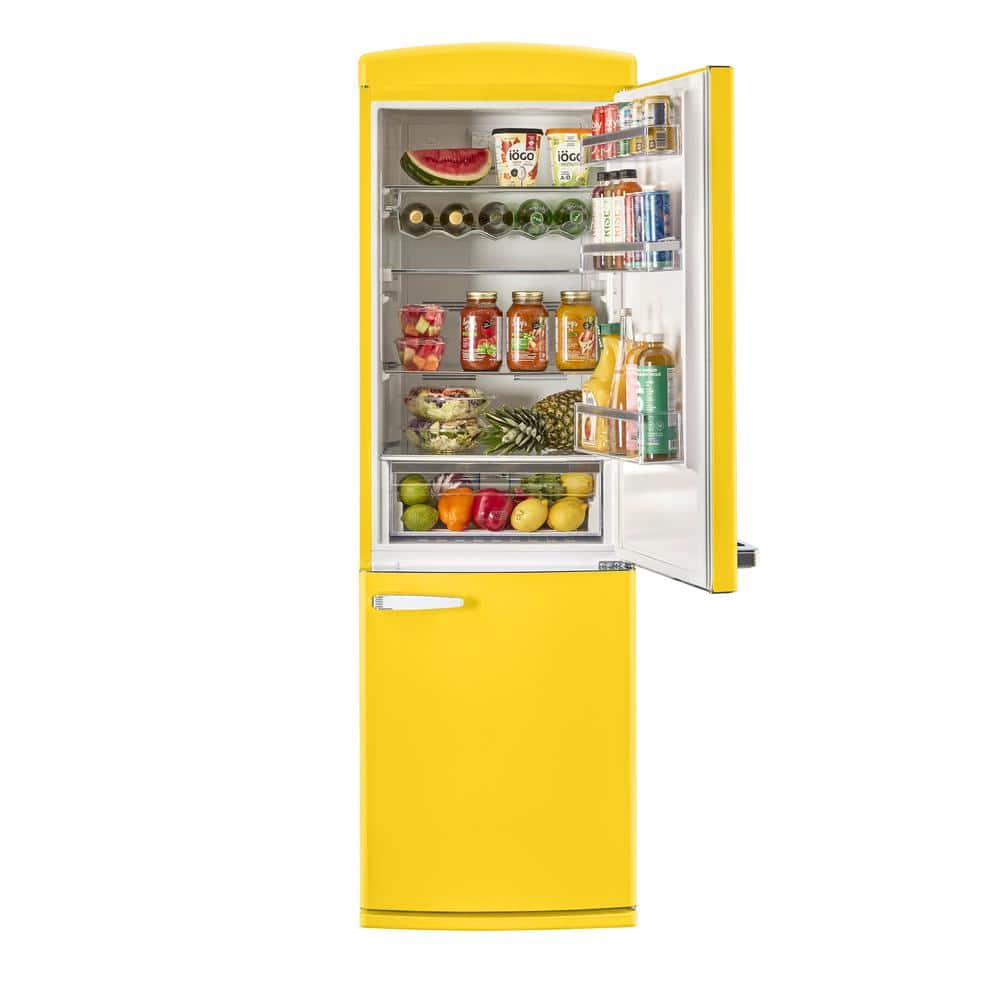 Canary Yellow Retro Bottom Freezer Refrigerator with Chrome Handles
