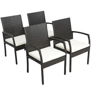 4-Pieces Patio PE Wicker Outdoor Dining Chairs with Soft Zippered White Cushion Armchairs Backyard in Off White