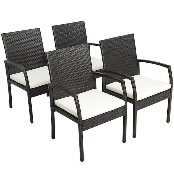 Costway 4-Pieces Patio PE Wicker Outdoor Dining Chairs with Soft Zippered White Cushion Armchairs Backyard in Off White