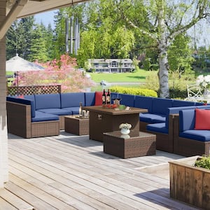 15-Piece Wicker Patio Conversation Set with Blue Cushions/Steel Fire Pit