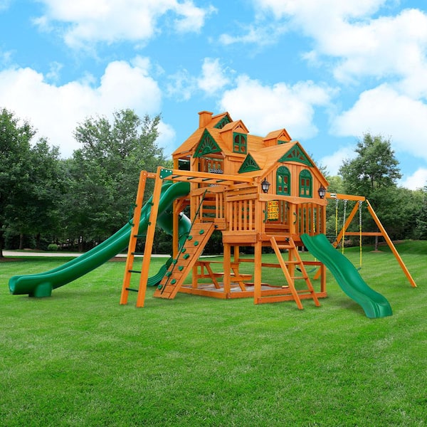 Gorilla Playsets Empire Wooden Outdoor Playset with Monkey Bars, 3 Slides, Rock Wall, Sandbox, and Backyard Swing Set Accessories