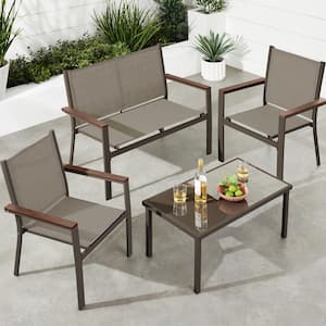 Brown 4-Piece Outdoor Brown Textilene Metal Patio Conversation Furniture Set w/ Loveseat, Table