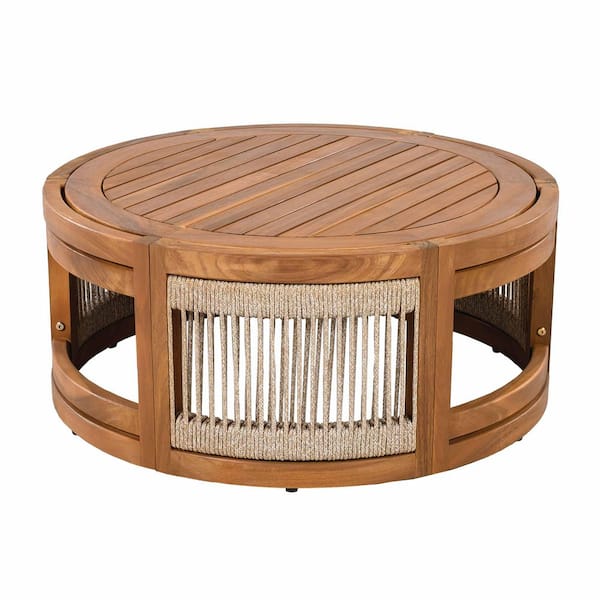 Avex Teak Round Acacia Wood 12.4 in. H Handwoven Rope Accent Boho Outdoor Coffee Table