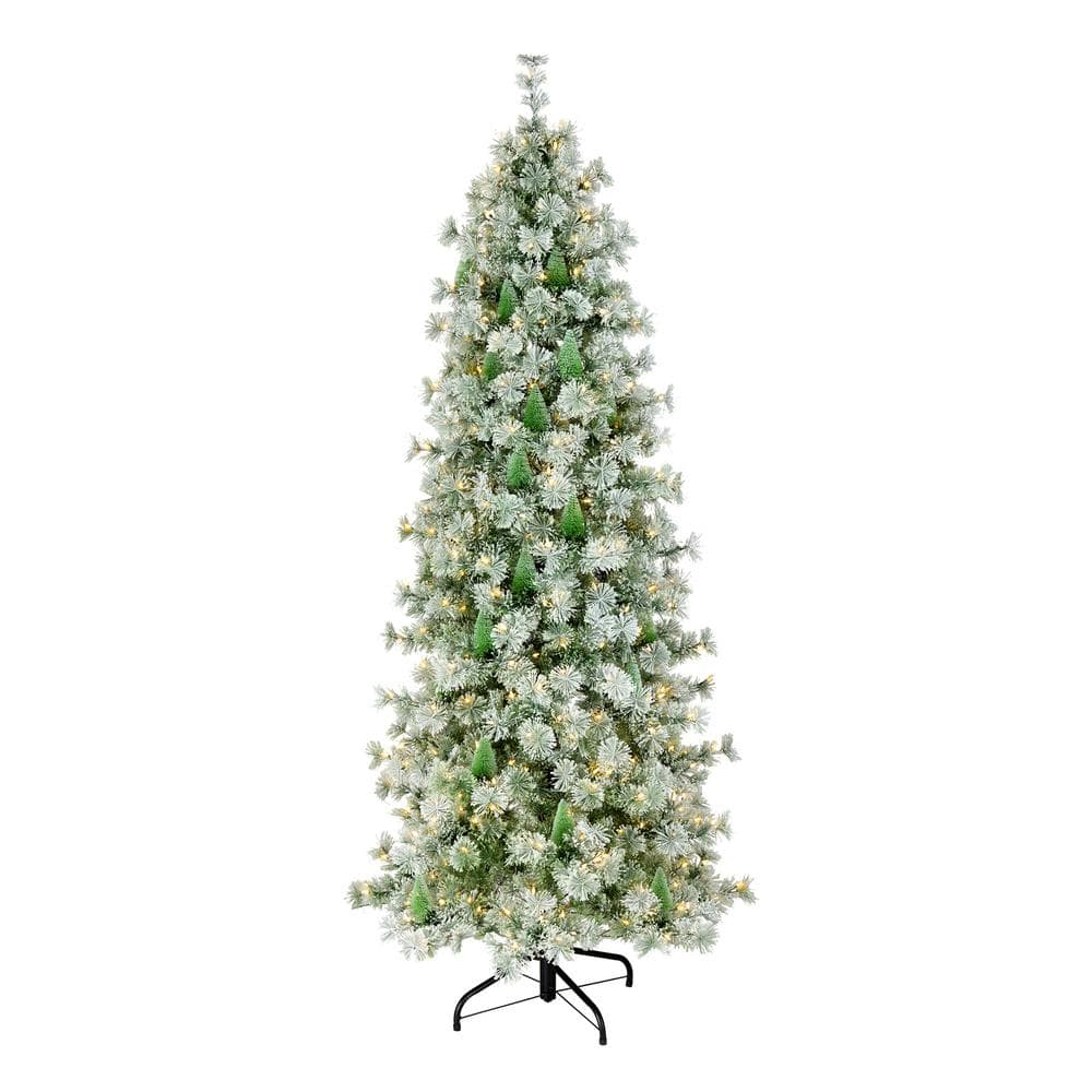 7.5 ft. Snowy Bottle Brush Slim Artificial Christmas Tree with Clear Lights