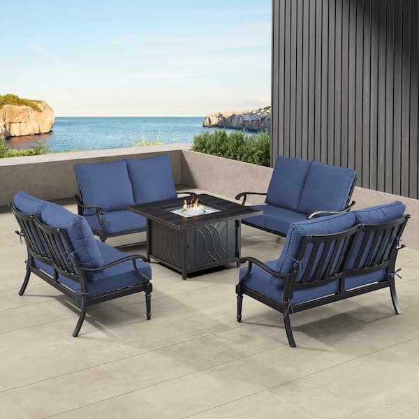 Black 5-Piece Aluminum Patio Fire Pit Set with Blue Cushions