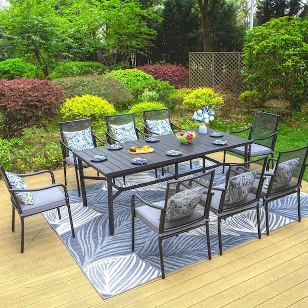 PHI VILLA Black 9-Piece Metal Patio Outdoor Dining Sets with Extra-large Rectangle Table and Stationary Chairs with Gray Cushion