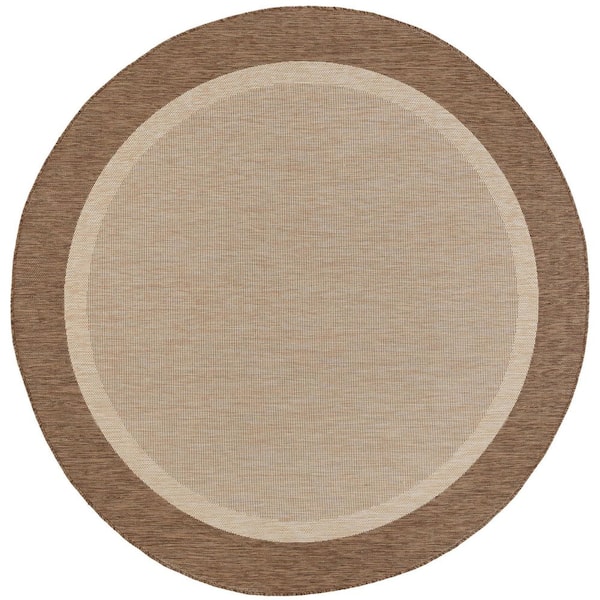 Eco Solid Border Brown 8 ft. Round Indoor/Outdoor Area Rug