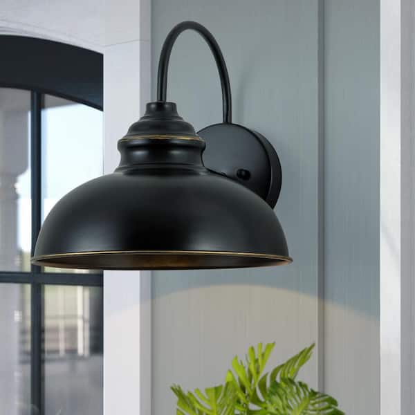 1-Light Black Gooseneck Outdoor Barn Light Sconce with Gold Edges