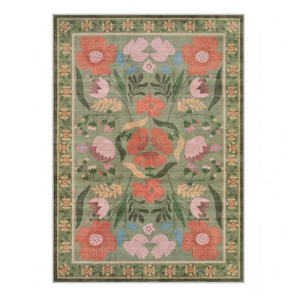 Cottagecore Floral Washable Non-Slip Green 5 ft. x 7 ft. Area Rug