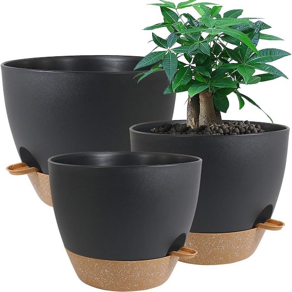 ITOPFOX Garden 12 in. L x 12 in. W x 7.5 in. H Black with Brown Plastic Round Indoor Planter (3-Pack)