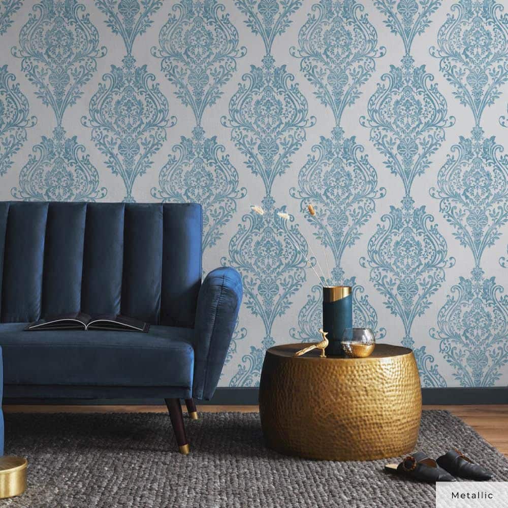 Coastal Blue Damask Non-Pasted Repositionable Wallpaper