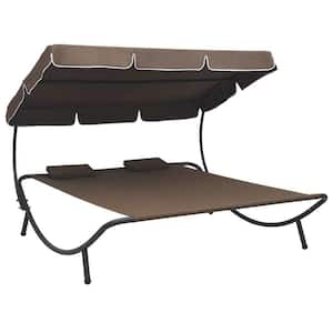 Metal Steel Outdoor Day Bed Lounge Bed with Canopy and Pillows in Brown Cushions