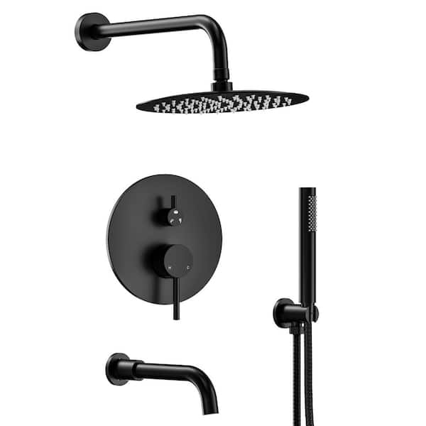 Double Handles 3-Spray 2.5 GPM Wall Mount 10 in. Shower Head Tub and Shower Faucet in Matte Black (Valve Included)